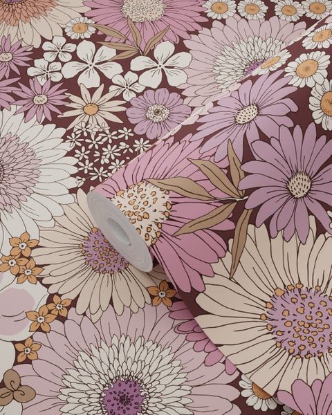 ESTAhome Tapete Retro Blumen mauve-violett und Terrakottarosa - 50 x 900 cm - 131319