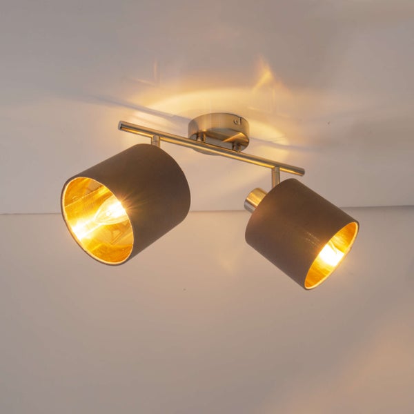 2er Wand- und Deckenleuchte MARON aus Metall satiniert-matt mit Stoffschirmen  in Braun, mit E14-Fassung, Lampe für Wohnzimmer, Esszimmer, Flur und Büro,  46 x 12 cm