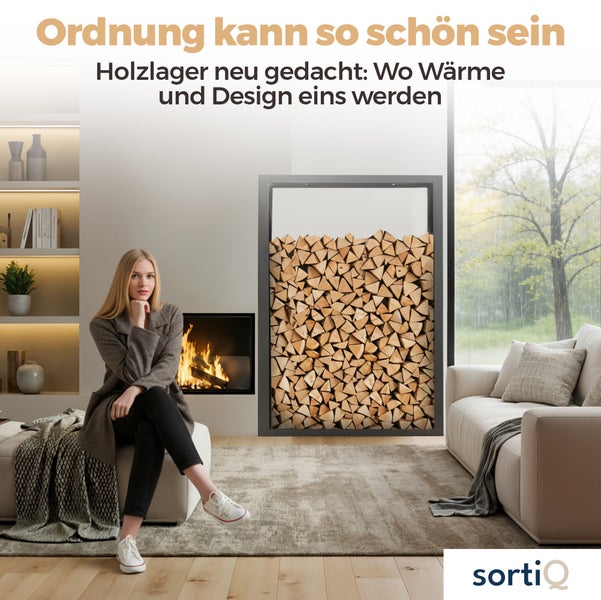 Modernes helles Wohnzimmer mit brennendem Kamin, schwarzem Wandregal für Brennholz, Sofa und sortiQ Logo.