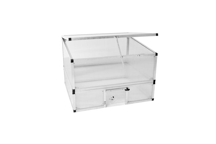 Frühbeet aus Aluminium mit Hohlkammerplatten, aufklappbarem Deckel und kleiner Fronttür.