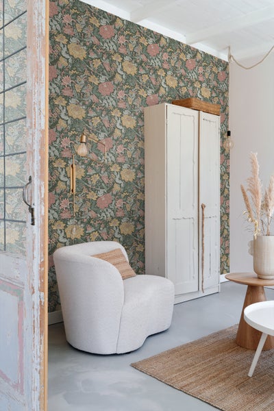 ESTAhome Tapete Blumenmuster Blaugrün, Altrosa und Ockergelb - 50 x 900 cm - 131198