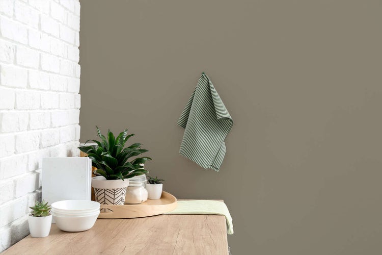 Moderne Kücheneinrichtung mit taupefarbener Wand, weißem Backstein-Akzent, Holzarbeitsplatte, Zimmerpflanzen und gestreiftem Geschirrtuch.