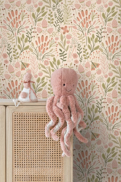 ESTAhome Tapete Blätter und Blumen Olivgrün und Terrakotta - 50 x 900 cm - 131390