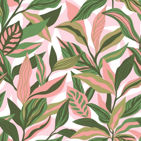 ESTAhome Tapete tropische Blätter Grün und Rosa - 50 x 900 cm - 131041