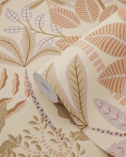 ESTAhome Tapete Blätter Beige, Terrakottarosa und Violett - 50 x 900 cm - 139679