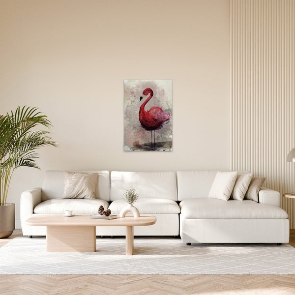 Wohnzimmer mit Sofa und Wandbild mit Flamingo