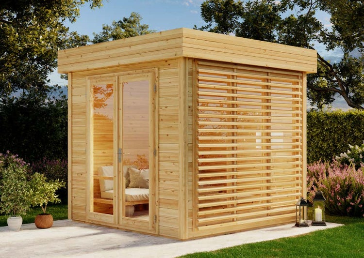 Alpholz Gartenhaus Lawenda 28 (optional mit Anbaudach 254x254 Gartenhaus aus Holz, Holzhaus mit 28 mm Wandstärke, Blockbohlenhaus, Naturbelassen 2,7x2,7m