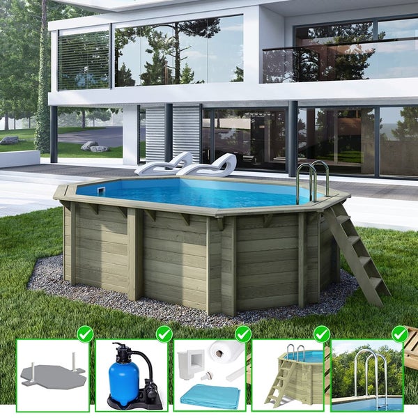 Holzpool-Set mit Leiter und Zubehör im Garten