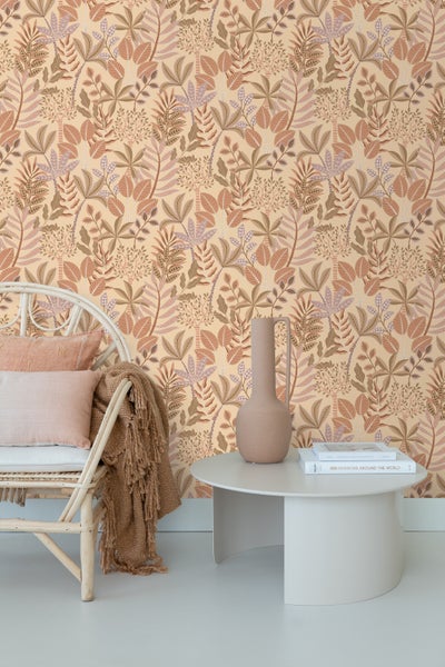 ESTAhome Tapete Blätter Beige, Terrakottarosa und Violett - 50 x 900 cm - 139679