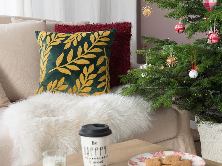Dekokissen 2er Set MISTLETOE Samtstoff 45 x 45 cm Gold Grün Pflanzenmuster