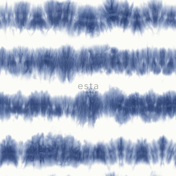 ESTAhome Tapete horizontale Tie-Dye Shibori Streifen Indigoblau und Weiß - 53 cm x 10.05 m - 148689