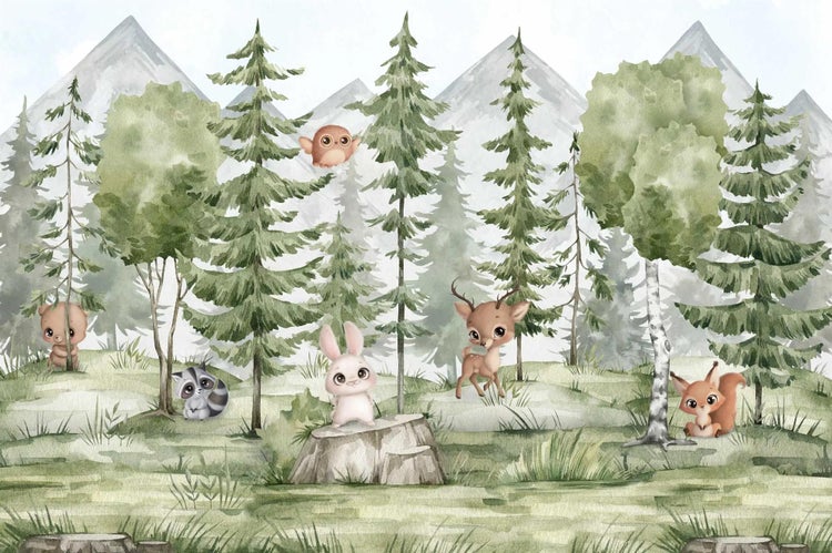 Kindertapete Tannen­wald mit Tieren 150 x 280 cm