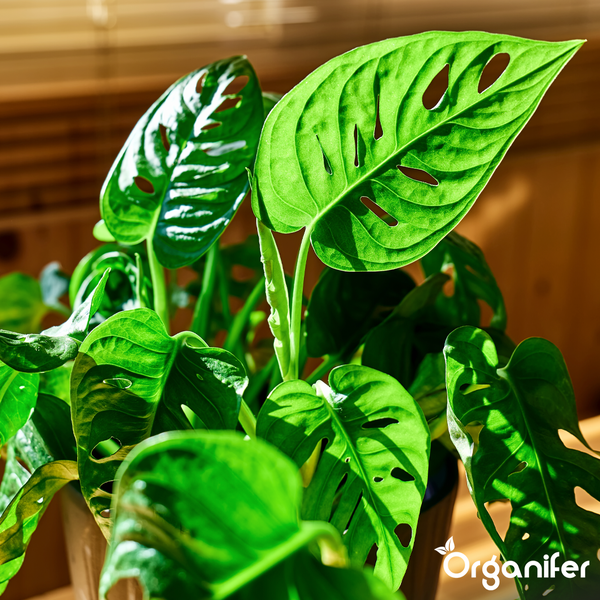 Grüne Monstera adansonii Zimmerpflanze mit gelöcherten Blättern in einem Topf. Organifer Logo.