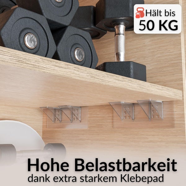 Transparente Regalbodenhalter mit extra starkem Klebepad unter einem Holzregal mit Hanteln, belastbar bis 50 Kilogramm.