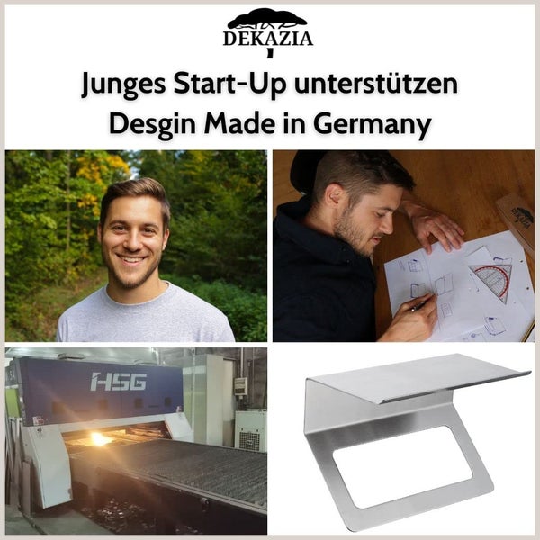 Dekazia Logo, Darstellung des Design- und Fertigungsprozesses in Deutschland sowie ein Wandhalter aus Edelstahl.