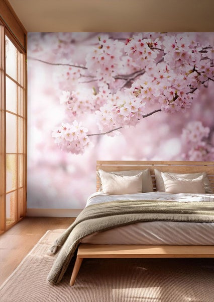 Fototapete mit Kirschblütenzweigen in einem hellen Schlafzimmer mit Holzbett und großem Fenster.
