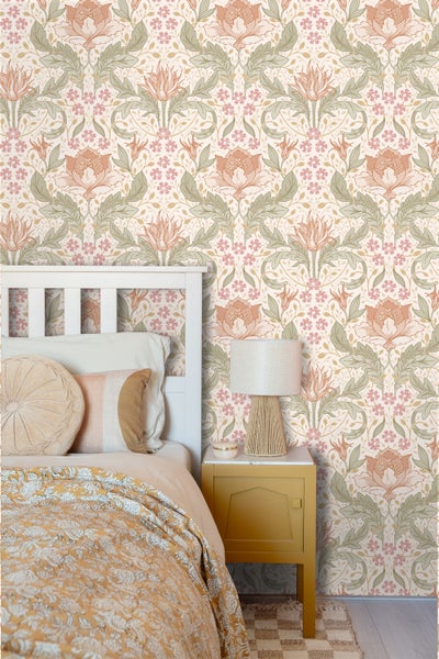 ESTAhome Tapete Blumenmuster im Jugendstil Beige, Rosa und Grün - 50 x 900 cm - 131078