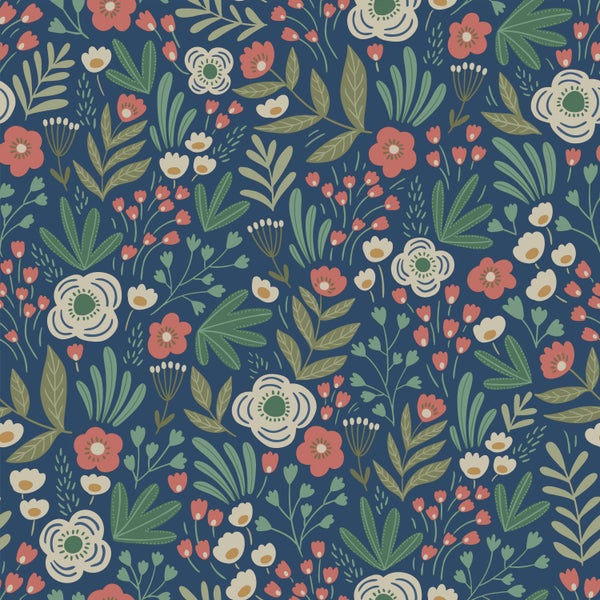 ESTAhome Tapete Blumen Dunkelblau, Grün und Terrakotta - 50 x 900 cm - 131071