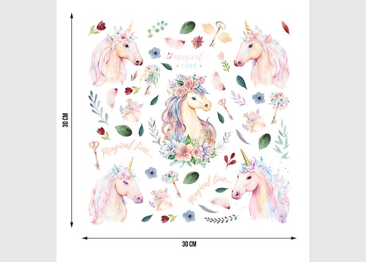 Wandtattoo-Set mit Einhörnern, Blumen und Schlüsseln im Aquarell-Stil, 30 mal 30 Zentimeter.