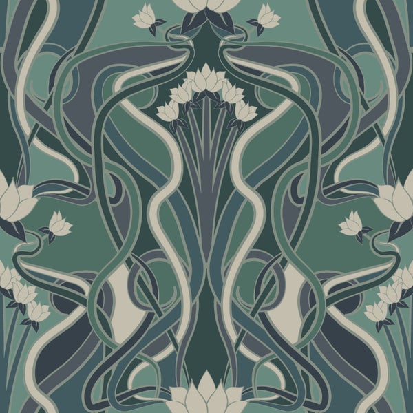 ESTAhome Tapete Blumenmuster im Jugendstil Graugrün und Blau - 50 x 900 cm - 139894