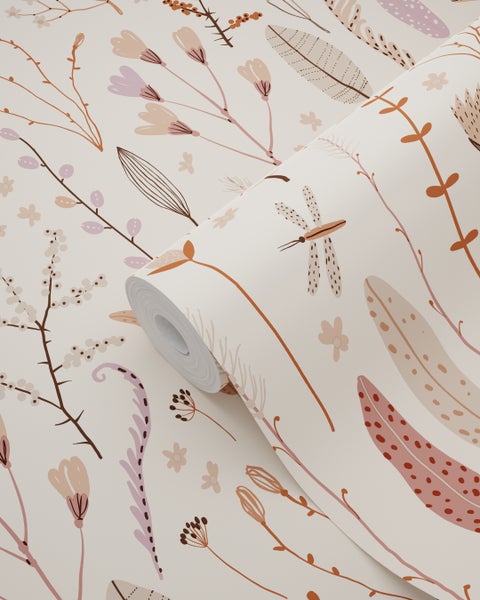 ESTAhome Tapete Feldblumen Beige, Terrakotta und Lila - 50 x 900 cm - 131161