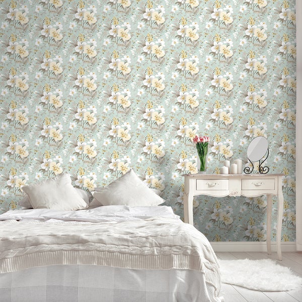 Sanders und Sanders Tapete Blumen Graugrün und Gelb - 53 cm x 10 m - 640391