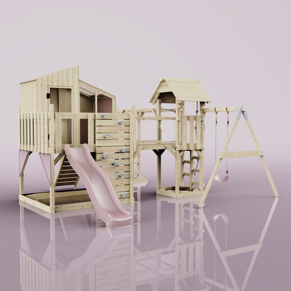 Spielplatz mit Turm, Rutsche, Kletterwand und Schaukel aus Holz