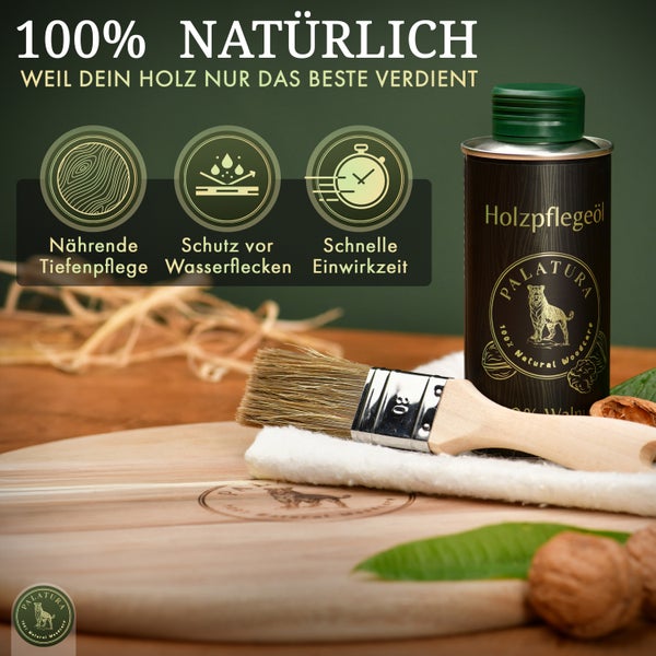 Holzpflegeöl mit Pinsel und Baumwolltuch für die Holzpflege