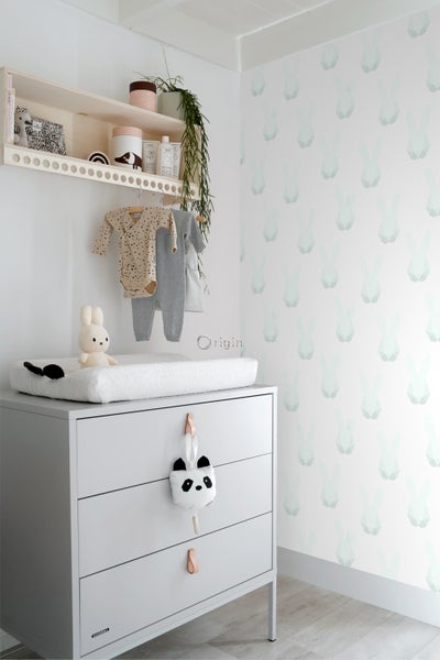 Origin Wallcoverings Tapete Origami Kaninchen Weiß und Pastell Mintgrün - 53 cm x 10.05 m - 347489