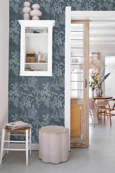 ESTAhome Tapete tropische Blätter Graublau - 50 x 900 cm - 139892