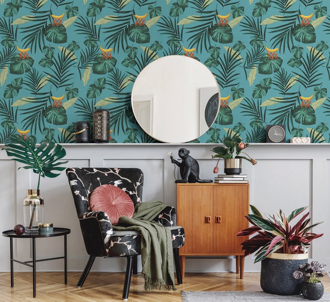 Walls4You Tapete Affen und Dschungelblätter Grün und Blau - 53 cm x 10 m - 640345