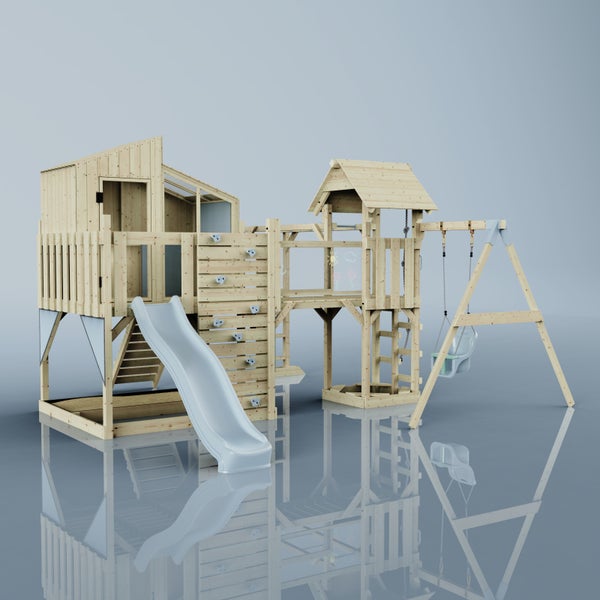 Spielplatz mit Spielhaus, Rutsche, Kletterwand und Schaukel aus Holz