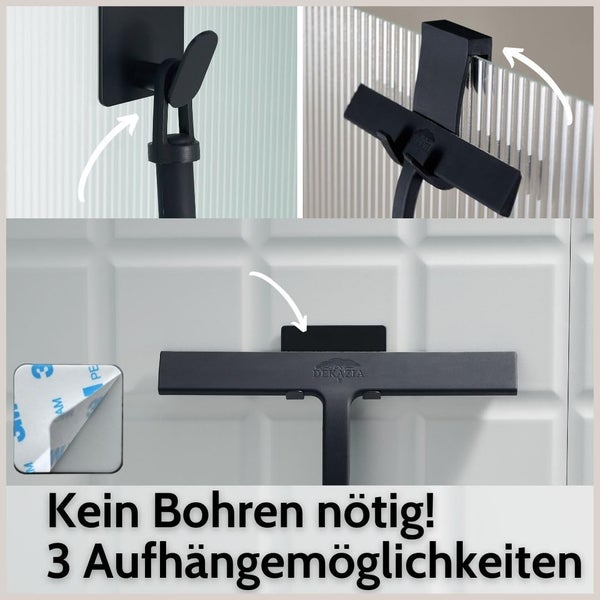 Duschabzieher mit drei Aufhängemöglichkeiten ohne Bohren: Klebehaken, Wandhalterung und Haken für die Duschwand.