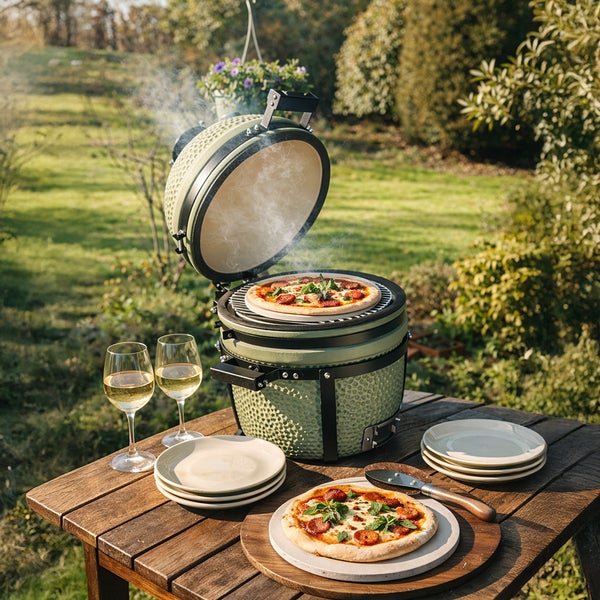 Grüner Kamado Keramikgrill auf einem Holztisch im Garten mit geöffnetem Deckel und Pizza auf einem Pizzastein.