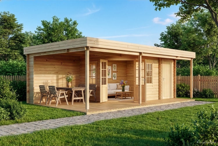 Modernes Gartenhaus aus Holz mit Flachdach, überdachter Terrasse, Essbereich und Innenraum mit Sofa in einem gepflegten Garten.