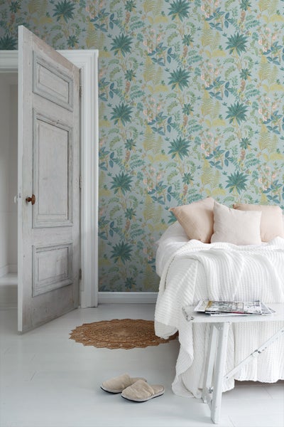 Sanders und Sanders Tapete tropische Blätter Blau, Grün und Gelb - 53 cm x 10,05 m - 640725