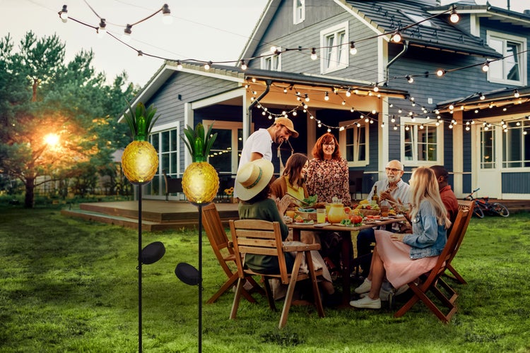 Szene einer abendlichen Gartenparty mit einer Gruppe von Menschen an einem Tisch, beleuchtet mit Lichterketten und dekorativen Ananasleuchten.