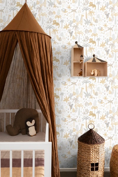 Sanders und Sanders Tapete Dschungeltiere Ockergelb, Grau und Beige - 53 cm x 10 m - 640450