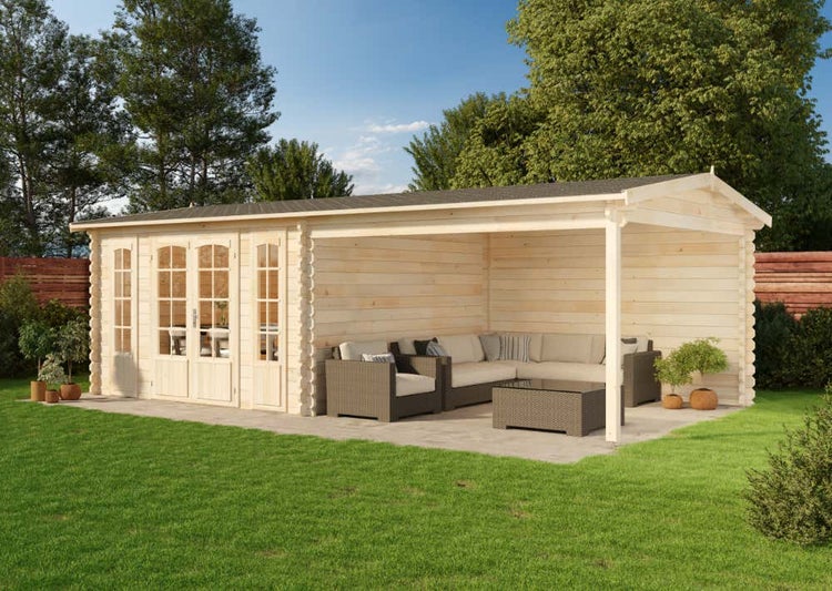 Alpholz Gartenhaus Freiburg-44 ISO Gartenhaus aus Holz, Holzhaus mit 44 mm Wandstärke inklusive Terrasse FSC zertifiziert, Blockbohlenhaus mit Montagematerial, Naturbelassen 7,6x4m