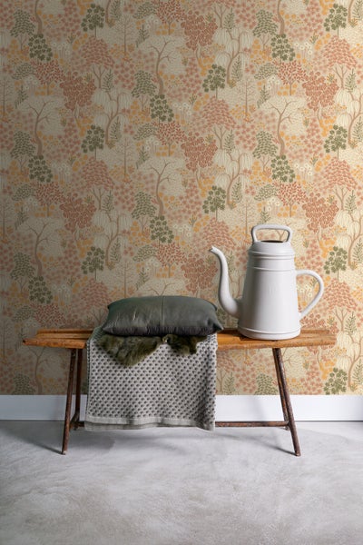 ESTAhome Tapete Bäumen und Blumen Beige, Terrakotta und Grün - 50 x 900 cm - 131186