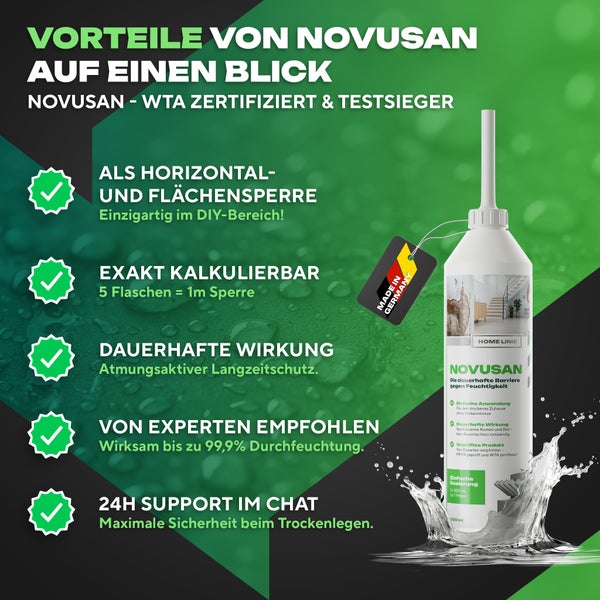 Infografik zu Novusan Horizontalsperre gegen Feuchtigkeit mit Produktvorteilen und Anwendungsbereichen als zertifiziertes Bauprodukt.