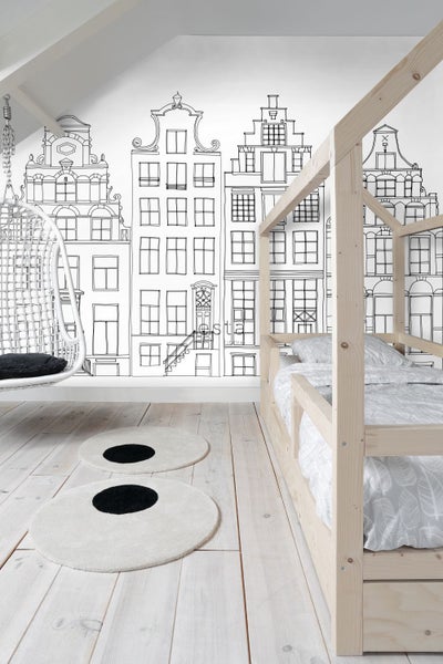 ESTAhome Fototapete gezeichnete Amsterdamer Grachtenhäuser Schwarz und Weiß - 150 x 279 cm - 158834