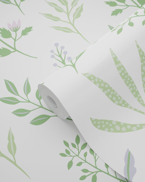ESTAhome Tapete Blumenmuster im skandinavischen Stil Grün und Violett - 50 x 900 cm - 139426