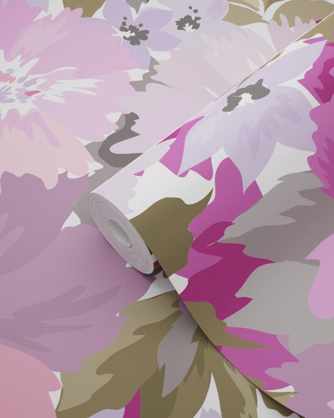 ESTAhome Tapete Blumen Violett und Olivgrün - 50 x 900 cm - 131263