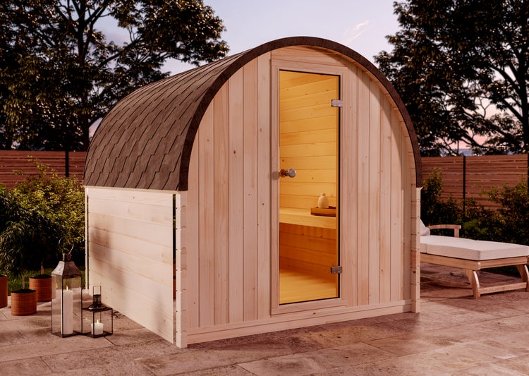 FinnTherm Fasssauna ScandiPod Comfort Fasssauna 2 Sitzbänke aus Holz Sauna mit 42 mm Wandstärke, Außensauna mit Montagematerial ohne Fenster 2x2,3m