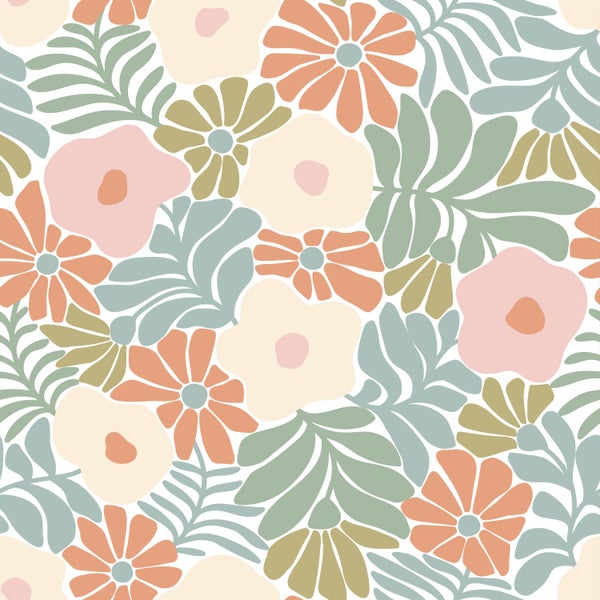 ESTAhome Tapete Blumen im Matisse-Stil Türkis, Orange, Olivgrün und Beige - 50 x 900 cm - 131004