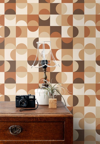 ESTAhome Tapete Kreise im Bauhaus-Stil Beige und Dunkelbraun - 50 x 900 cm - 130938