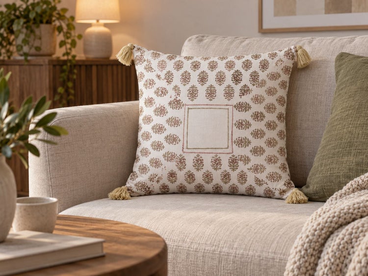 Quadratisches Dekokissen mit floralem Muster und Quasten an den Ecken auf einem Sofa in einem gemütlichen Wohnzimmer.