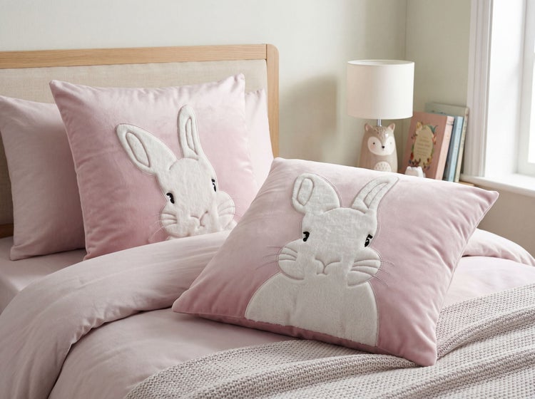 Helles Kinderzimmer mit dekorativen Kissen mit Hasen-Motiv auf einem Bett mit passender Bettwäsche und einer Fuchs-Lampe.