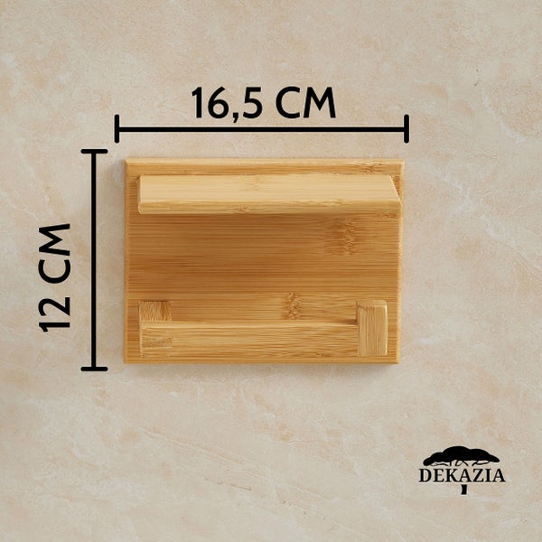 Bambus Toilettenpapierhalter mit Ablage, Breite 16,5 Zentimeter, Höhe 12 Zentimeter, Dekazia Logo.